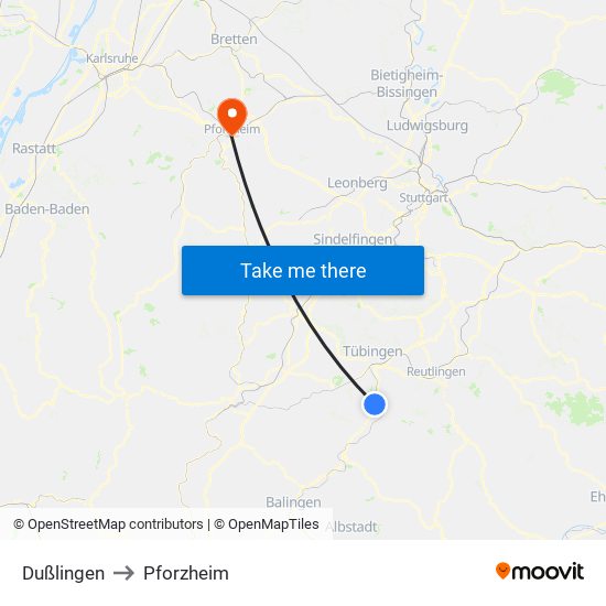 Dußlingen to Pforzheim map