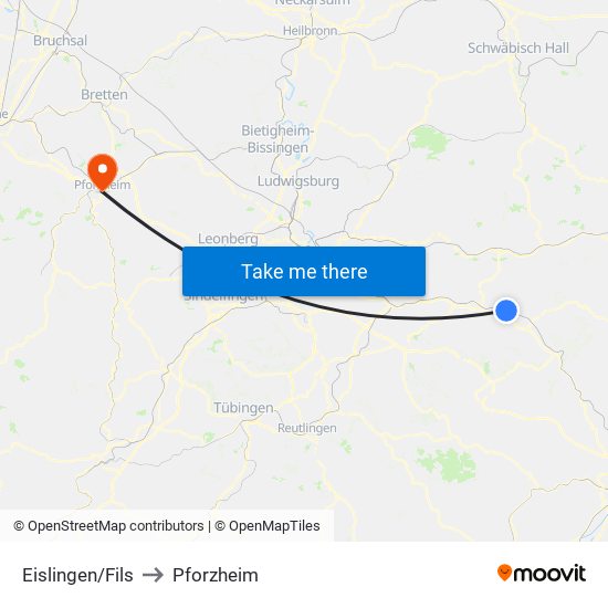 Eislingen/Fils to Pforzheim map