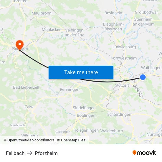 Fellbach to Pforzheim map