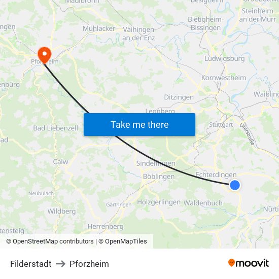 Filderstadt to Pforzheim map