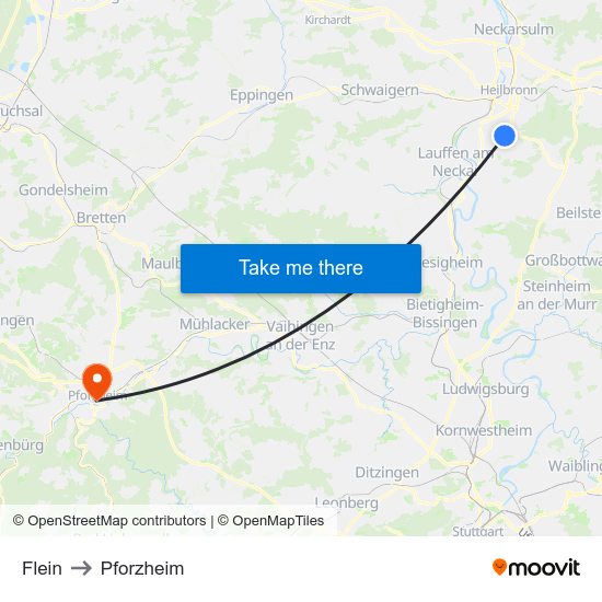 Flein to Pforzheim map