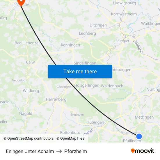 Eningen Unter Achalm to Pforzheim map