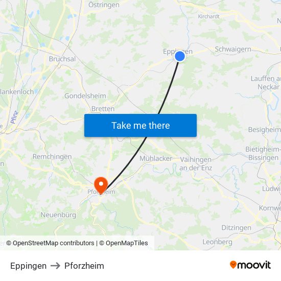 Eppingen to Pforzheim map