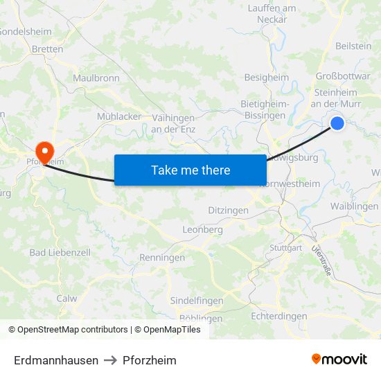 Erdmannhausen to Pforzheim map