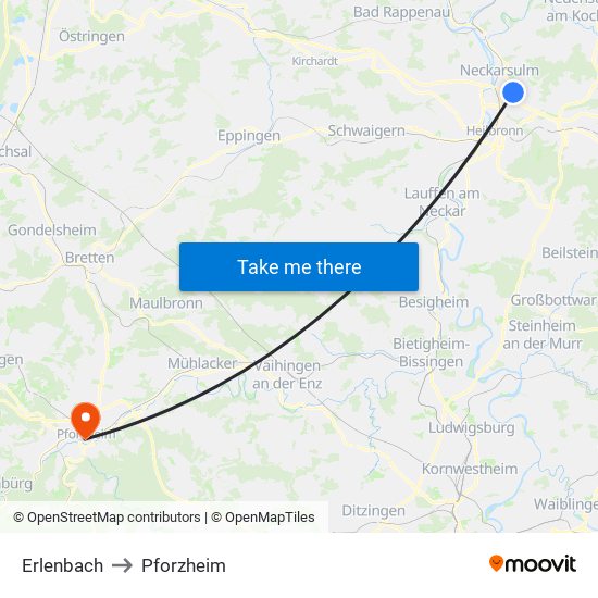 Erlenbach to Pforzheim map