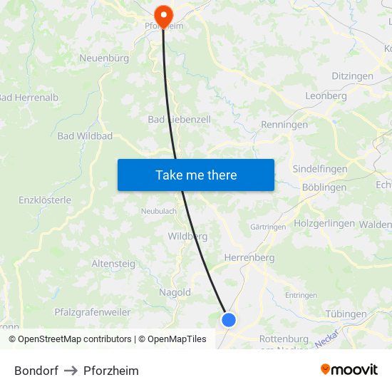 Bondorf to Pforzheim map