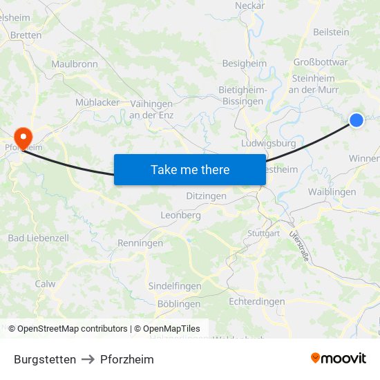 Burgstetten to Pforzheim map