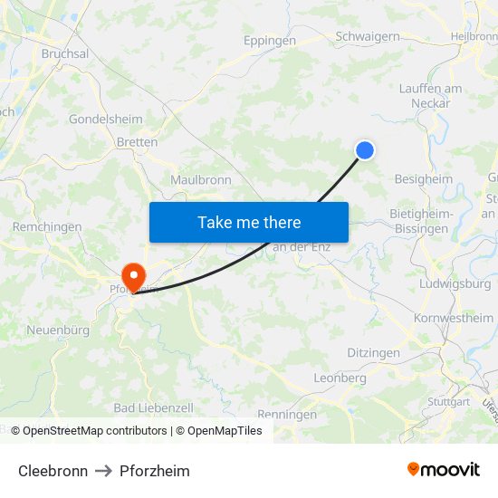 Cleebronn to Pforzheim map