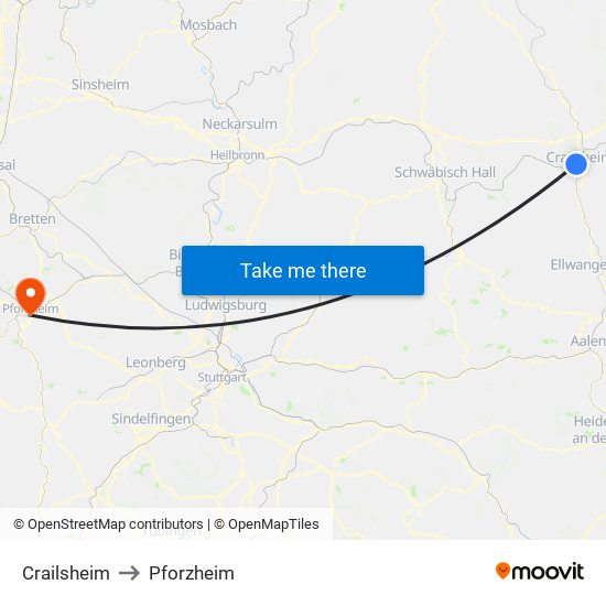 Crailsheim to Pforzheim map