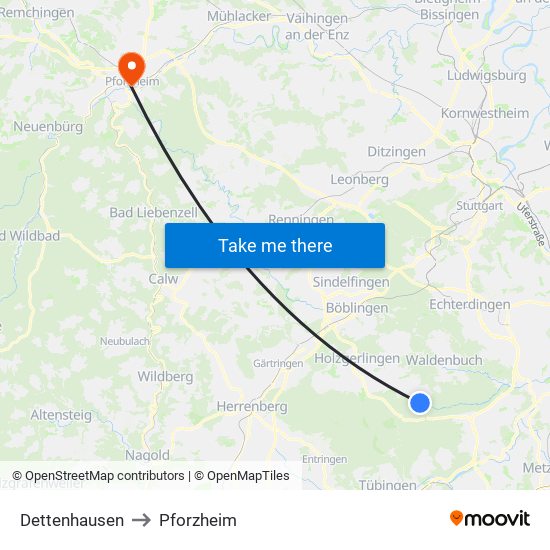 Dettenhausen to Pforzheim map