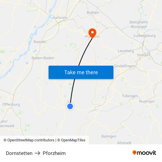 Dornstetten to Pforzheim map