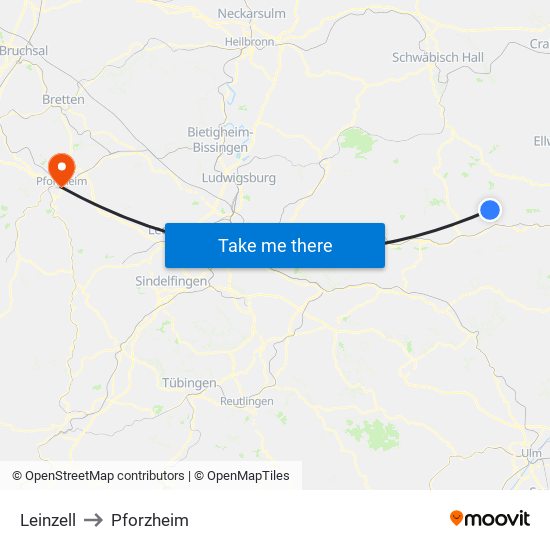 Leinzell to Pforzheim map