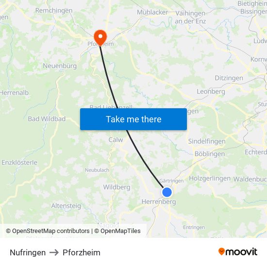 Nufringen to Pforzheim map