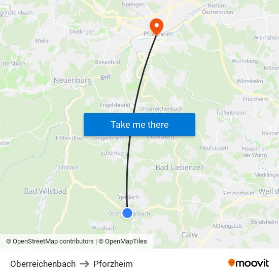 Oberreichenbach to Pforzheim map