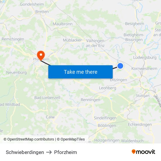 Schwieberdingen to Pforzheim map