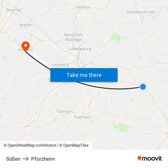 Süßen to Pforzheim map