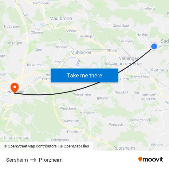 Sersheim to Pforzheim map