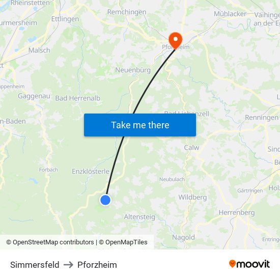 Simmersfeld to Pforzheim map