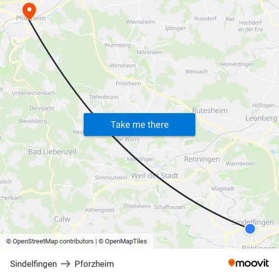 Sindelfingen to Pforzheim map