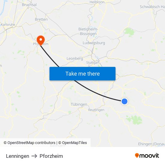 Lenningen to Pforzheim map