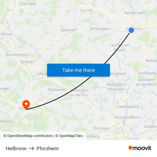 Heilbronn to Pforzheim map