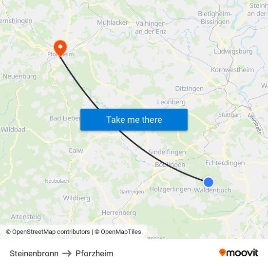 Steinenbronn to Pforzheim map