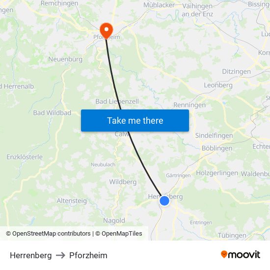 Herrenberg to Pforzheim map