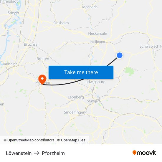 Löwenstein to Pforzheim map