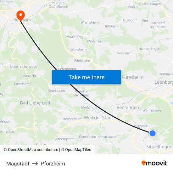 Magstadt to Pforzheim map