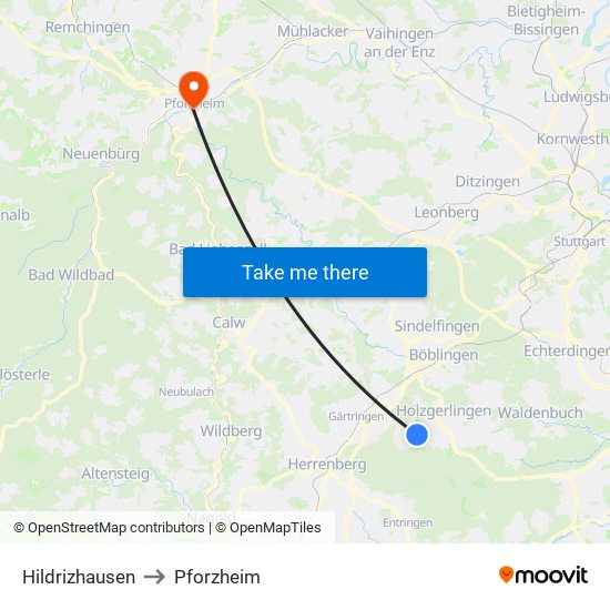 Hildrizhausen to Pforzheim map