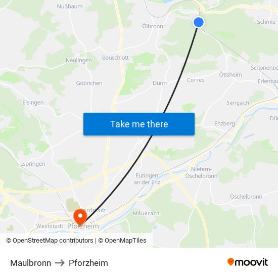 Maulbronn to Pforzheim map