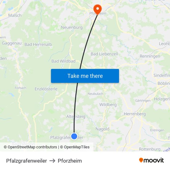 Pfalzgrafenweiler to Pforzheim map