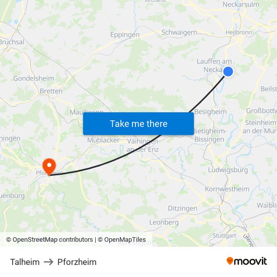 Talheim to Pforzheim map