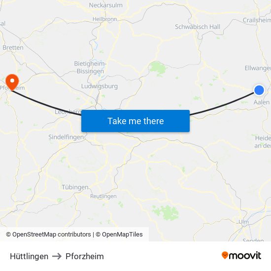 Hüttlingen to Pforzheim map