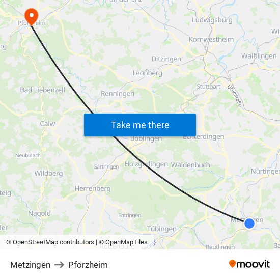 Metzingen to Pforzheim map