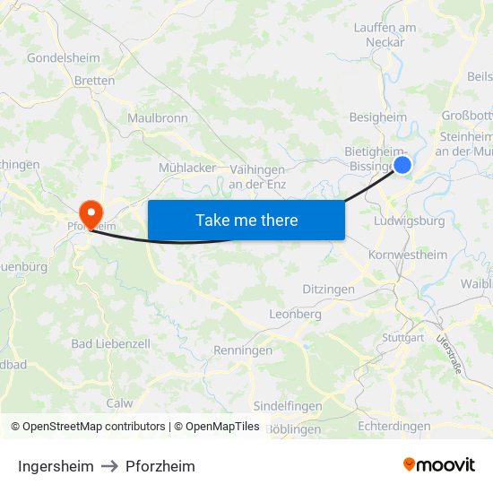 Ingersheim to Pforzheim map