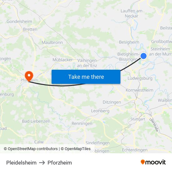 Pleidelsheim to Pforzheim map