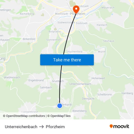 Unterreichenbach to Pforzheim map