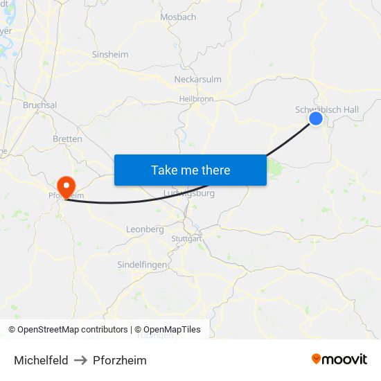 Michelfeld to Pforzheim map