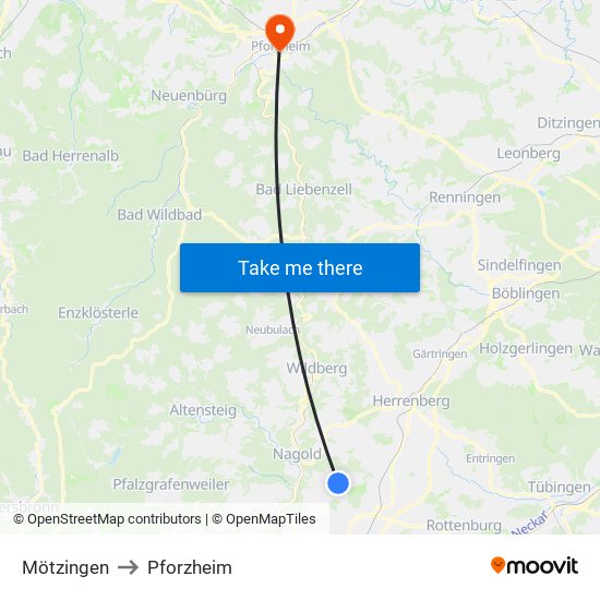 Mötzingen to Pforzheim map