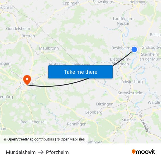 Mundelsheim to Pforzheim map