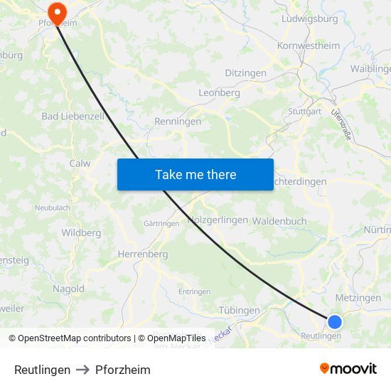 Reutlingen to Pforzheim map