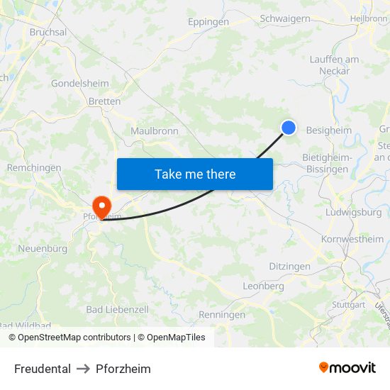 Freudental to Pforzheim map