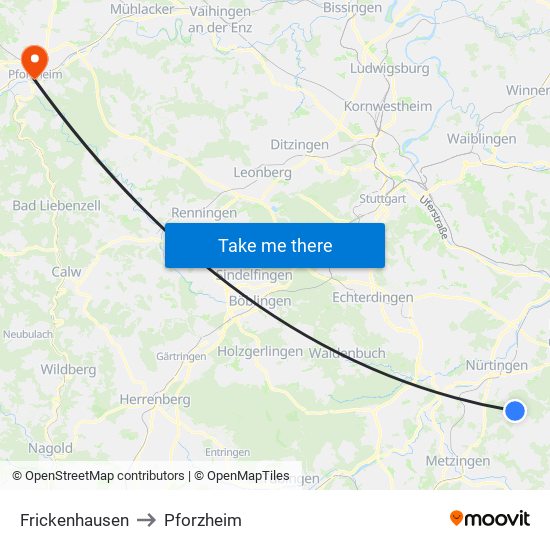 Frickenhausen to Pforzheim map