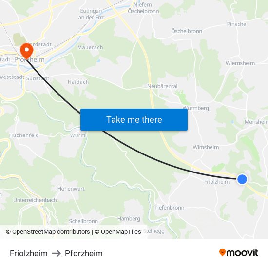 Friolzheim to Pforzheim map