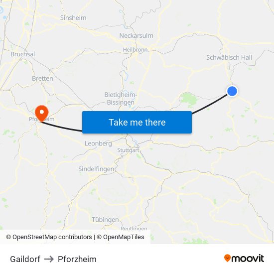 Gaildorf to Pforzheim map