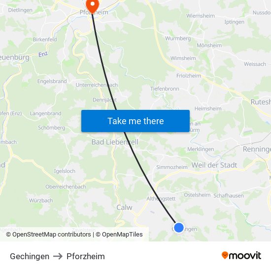 Gechingen to Pforzheim map