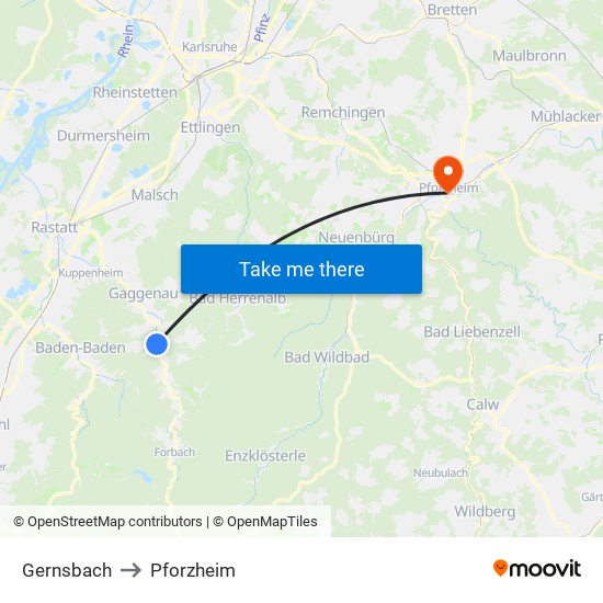 Gernsbach to Pforzheim map