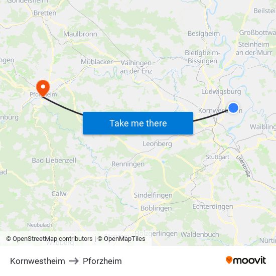 Kornwestheim to Pforzheim map