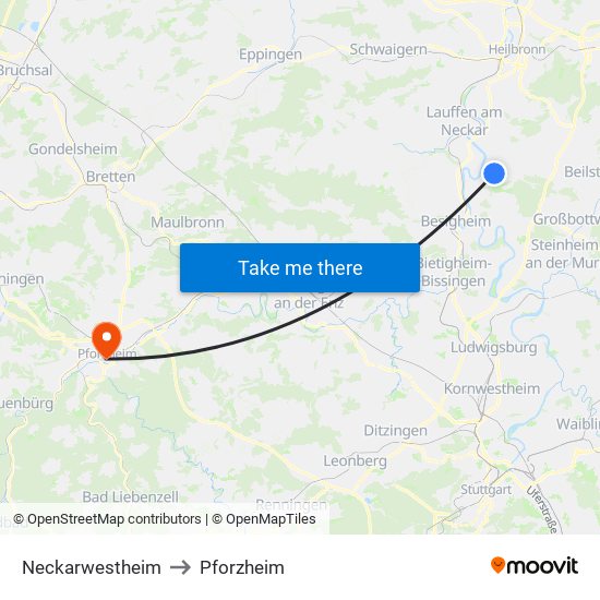 Neckarwestheim to Pforzheim map